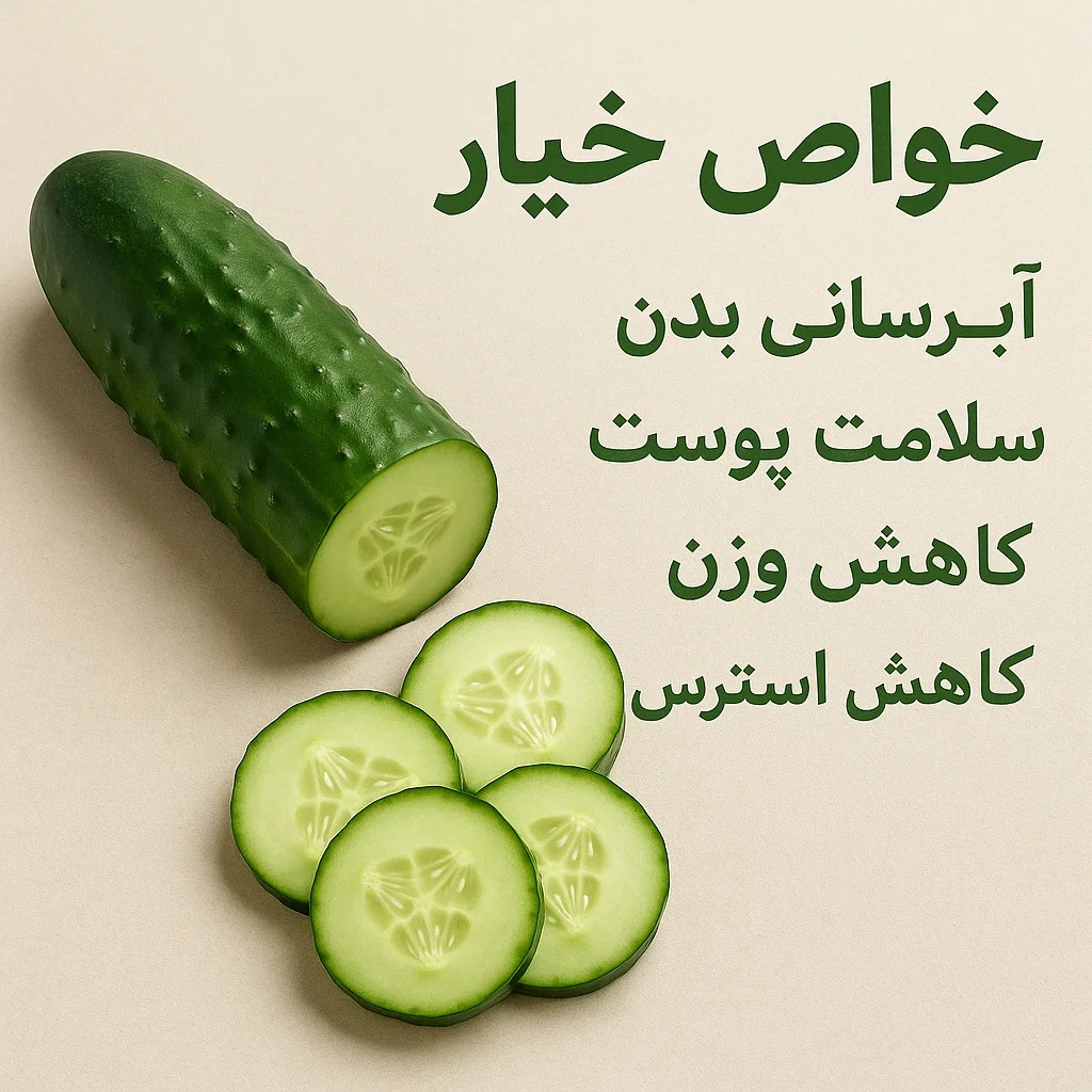 خواص خیار شامل آبرسانی بدن، سلامت پوست، کاهش وزن و کاهش استرس با تصویر خیار تازه