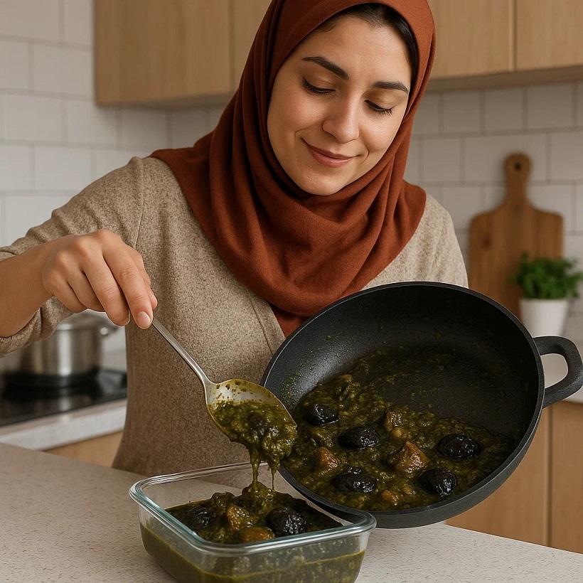زن جوان در حال سرو خورش آلو اسفناج خوشمزه و مجلسی در آشپزخانه