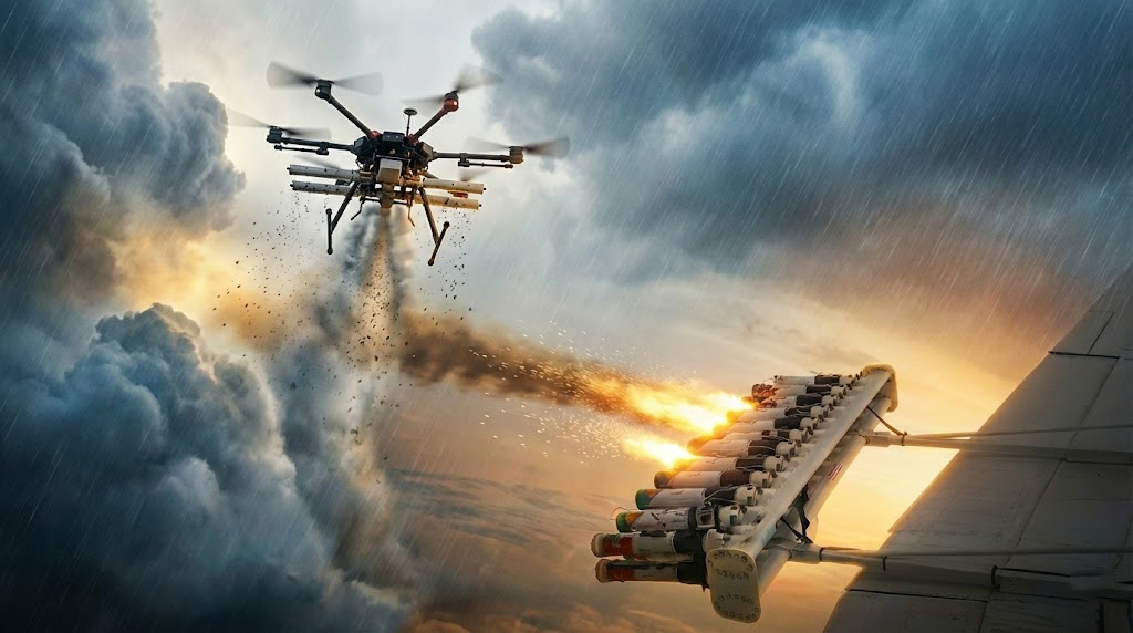 پهپاد و بال هواپیما در حال انجام عملیات بارورسازی ابرها و شلیک مواد شیمیایی در میان ابرهای طوفانی و بارانی.