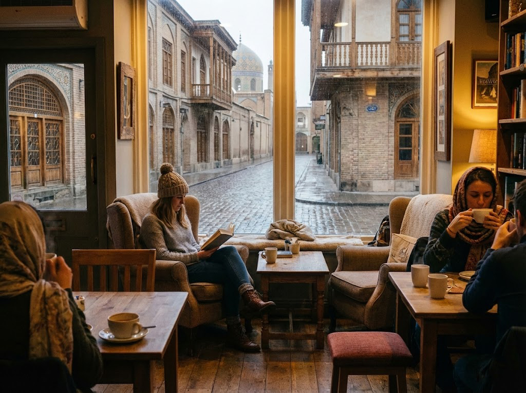مطالعه کتاب و نوشیدن قهوه در کافه‌ای دنج در اصفهان با نمای خیابان بارانی و بافت تاریخی؛ راهکاری برای فرار از افسردگی فصلی