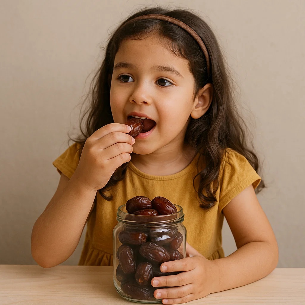 دختر بچه ای در حال خوردن خرما