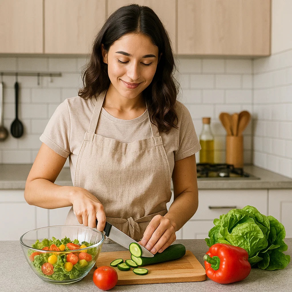 برش خیار تازه برای سالاد سبزیجات؛ تصویری مرتبط با خواص خیار و رژیم غذایی سالم