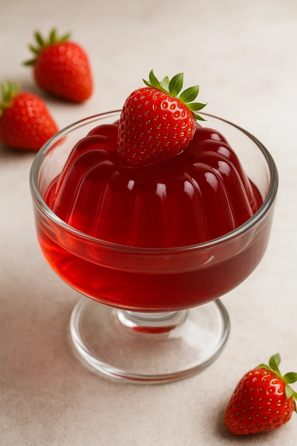 ژله توت‌فرنگی در ظرف شیشه‌ای