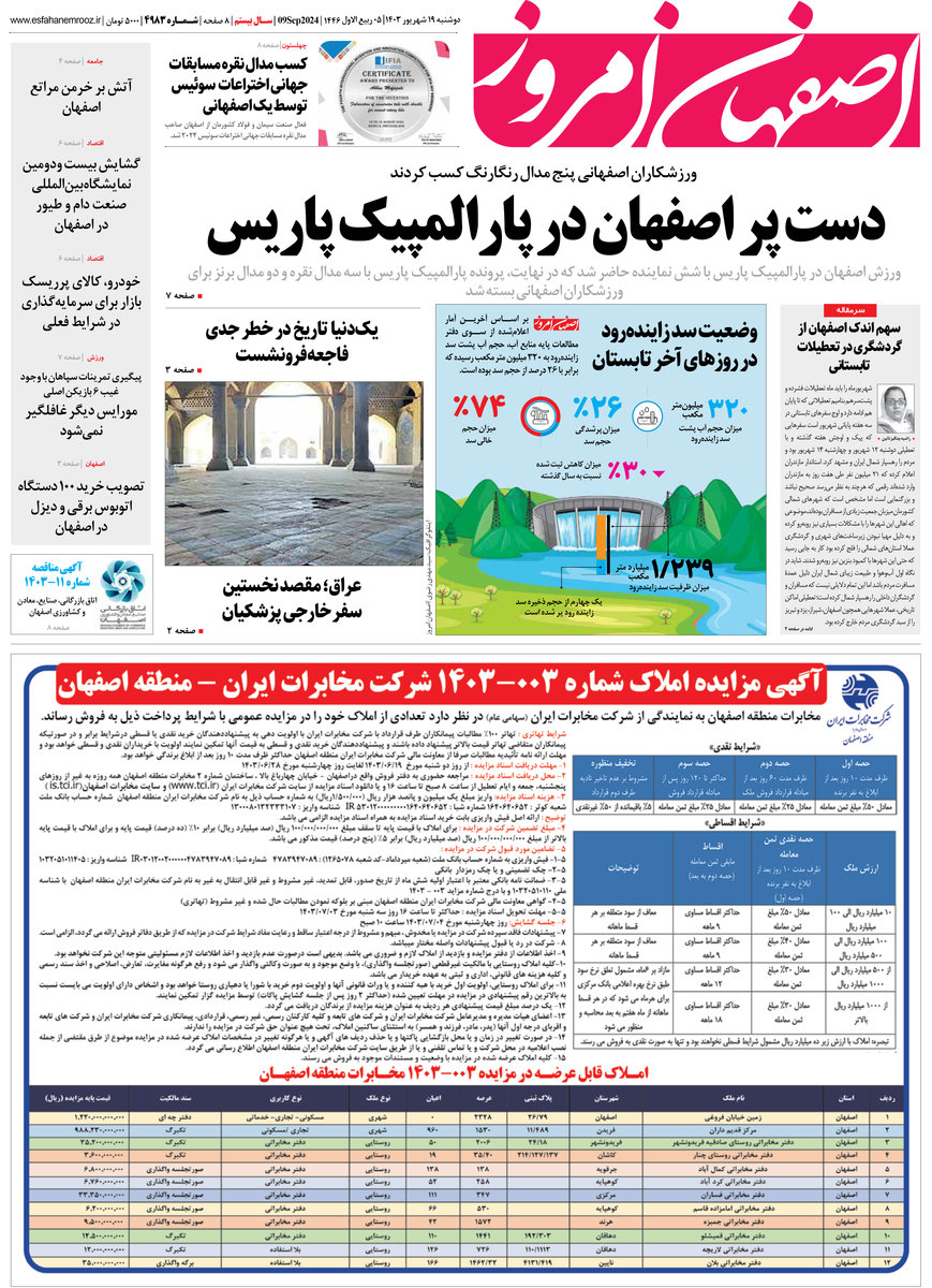 روزنامه اصفهان امروز شماره 4983، 19 شهریور 1403
