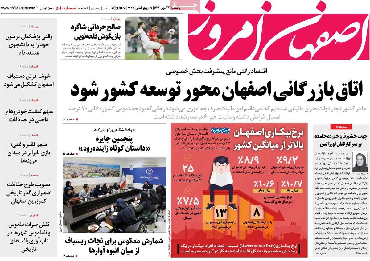 صفحه نخست روزنامه‌های امروز اصفهان یکشنبه 22 مهر 1403