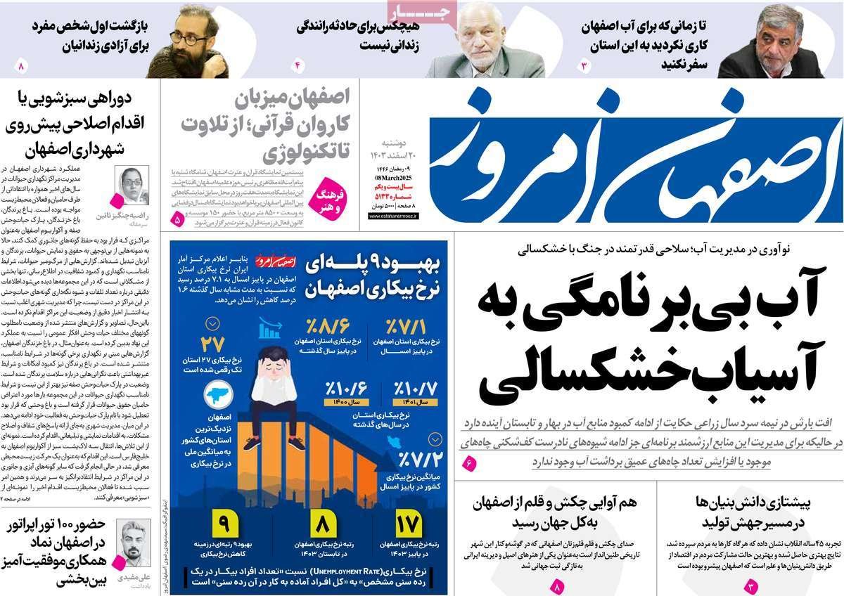 صفحه نخست روزنامه‌های امروز اصفهان دوشنبه 20 اسفند 1403