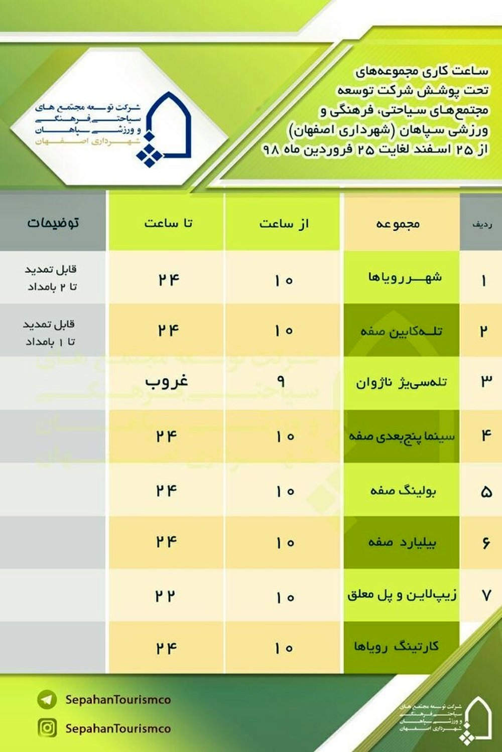 ساعت کار مجموعه‌های گردشگری شهرداری اصفهان در ایام نوروز