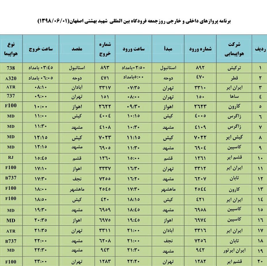 پروازهای اول شهریور فرودگاه اصفهان