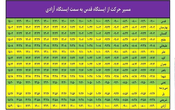 اعلام برنامه زمان‌بندی حرکت متروی اصفهان از قدس تا آزادی