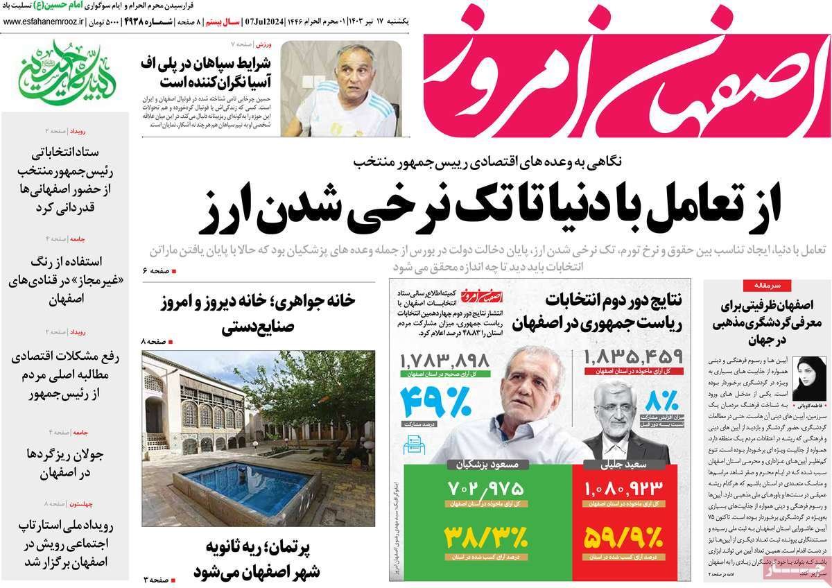 صفحه نخست روزنامه‌های امروز اصفهان یکشنبه 17 تیر 1403