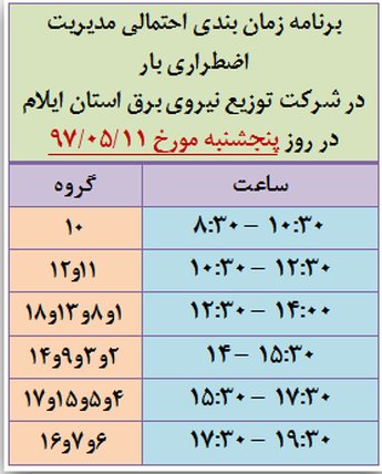 برنامه قطع برق ایلام پنجشنبه 11 مرداد 97