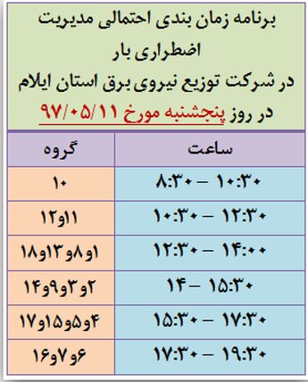 برنامه قطع برق ایلام پنجشنبه 11 مرداد 97