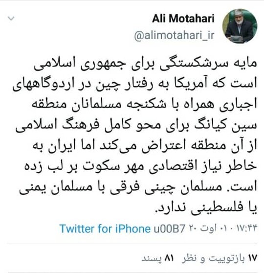 مطهری: مسلمان چینی با مسلمان فلسطینی فرقی ندارد