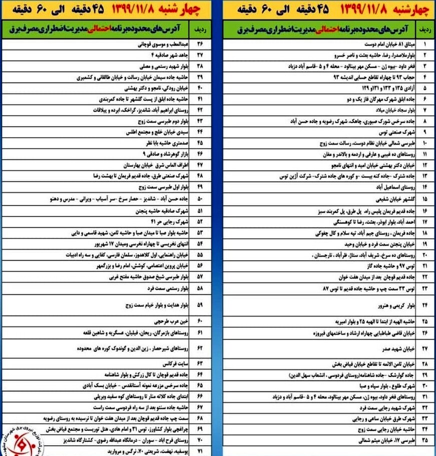 برنامه قطع برق مشهد چهارشنبه8 بهمن 99