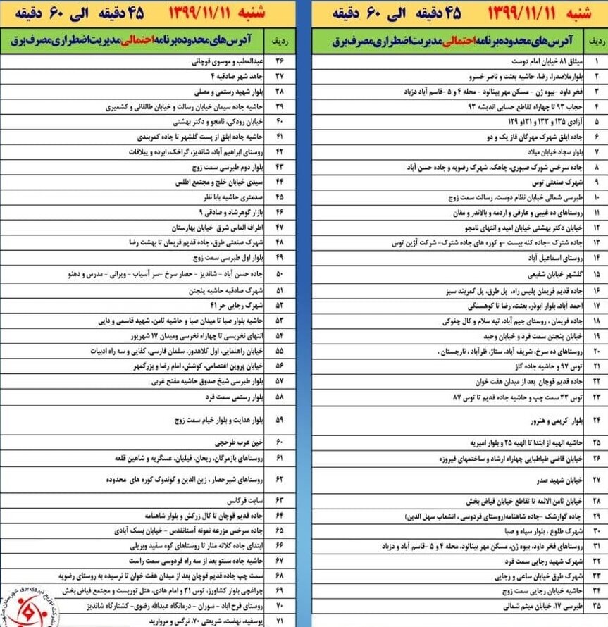 برنامه قطع برق مشهد شنبه 11 بهمن 99