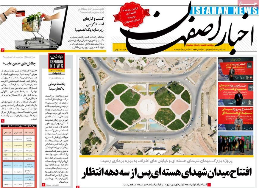 صفحه نخست روزنامه‌های امروز اصفهان شنبه 9 مرداد  1400