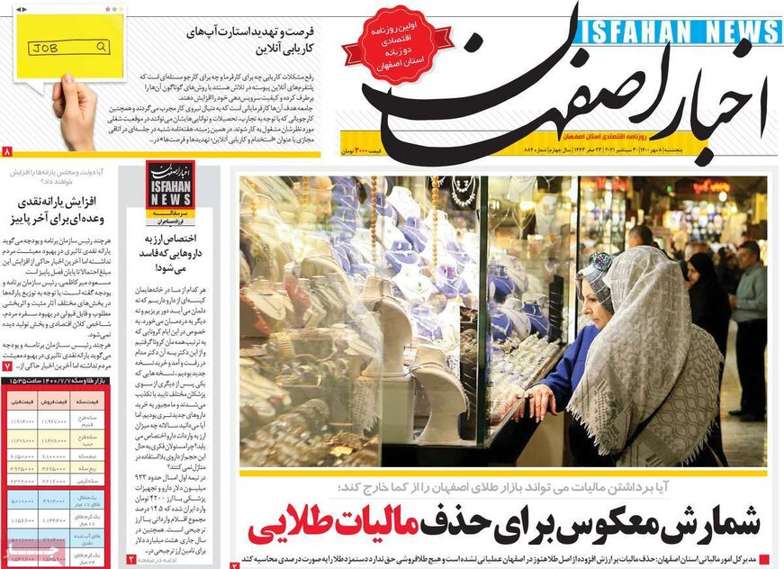 صفحه نخست روزنامه‌های امروز اصفهان پنجشنبه 8 مهر 1400