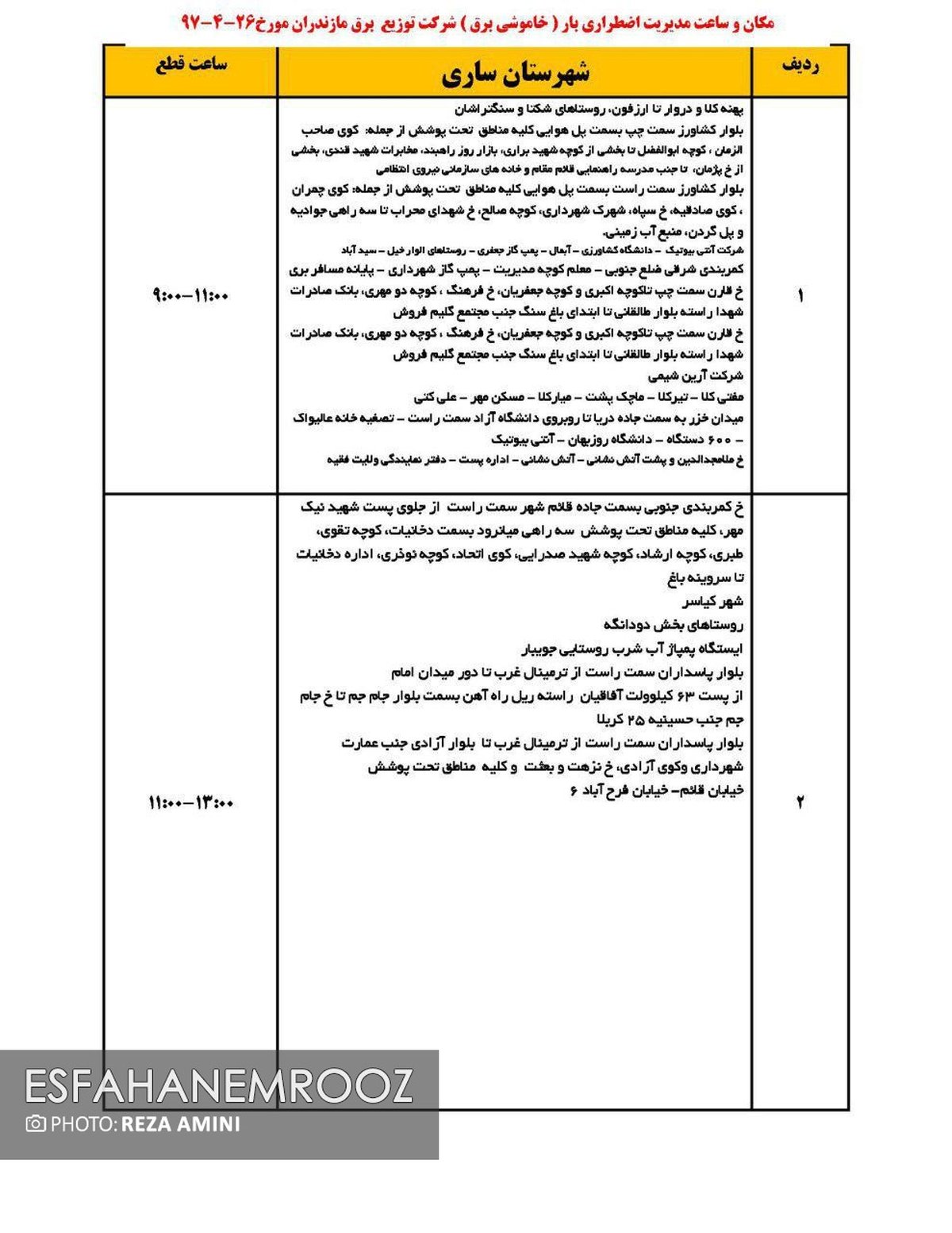 برنامه قطعی برق ساری سه شنبه 26 تیر 97