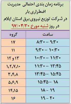 برنامه قطع برق ایلام شنبه 30 تیر 97