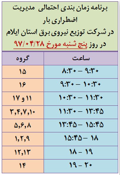 برنامه قطع برق ایلام پنجشنبه 28 تیر 97