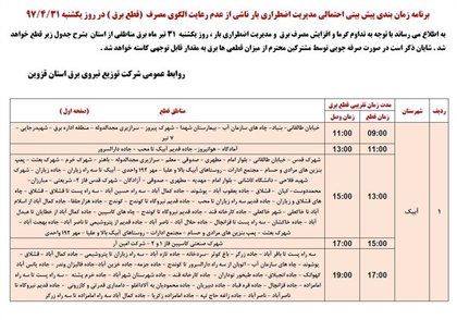 برنامه قطع برق قزوین یکشنبه 31 تیر 97