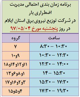 برنامه قطع برق ایلام پنجشنبه 4 مرداد 97