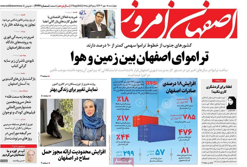صفحه نخست روزنامه‌های امروز اصفهان چهارشنبه 5 مهر 1402
