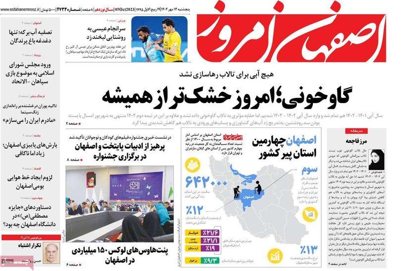 صفحه نخست روزنامه‌های امروز اصفهان پنجشنبه 13 مهر 1402
