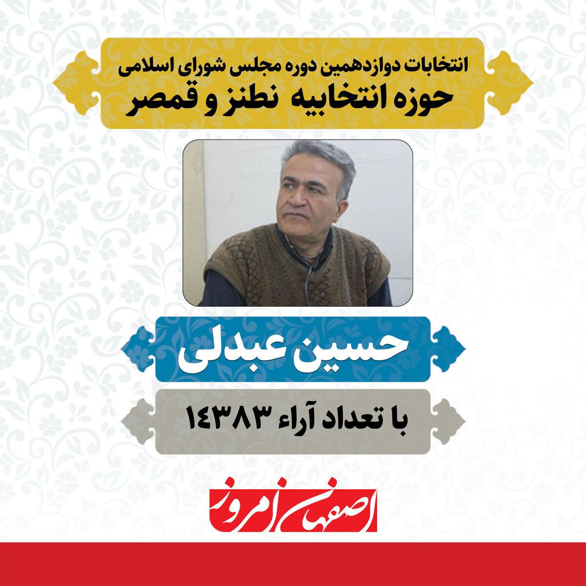 «حسین عبدلی» منتخب مردم نطنز و قمصر در دوازدهمین دوره مجلس شورای اسلامی