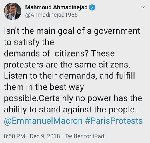 تذکر احمدی نژاد به مکرون: به حرف مردم گوش کن