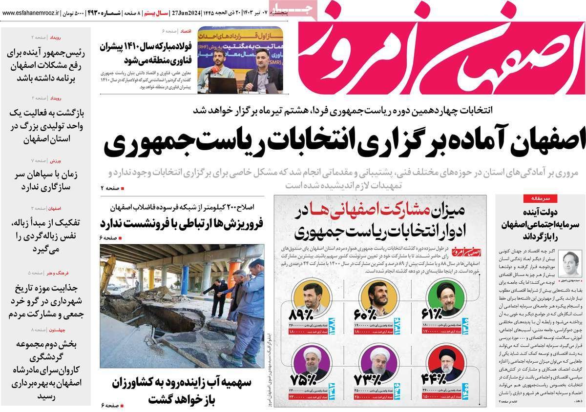 صفحه نخست روزنامه‌های امروز اصفهان پنجشنبه 7 تیر 1403