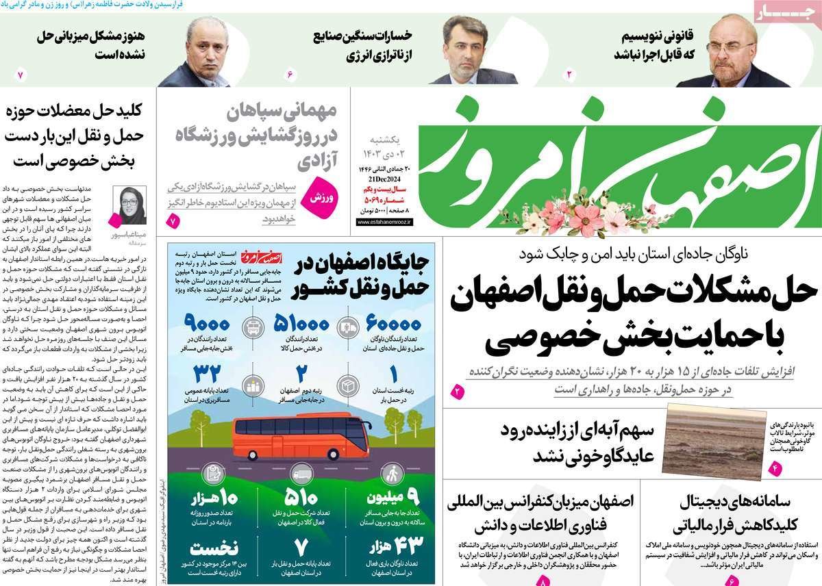 صفحه نخست روزنامه‌های امروز اصفهان یکشنبه 2 دی 1403