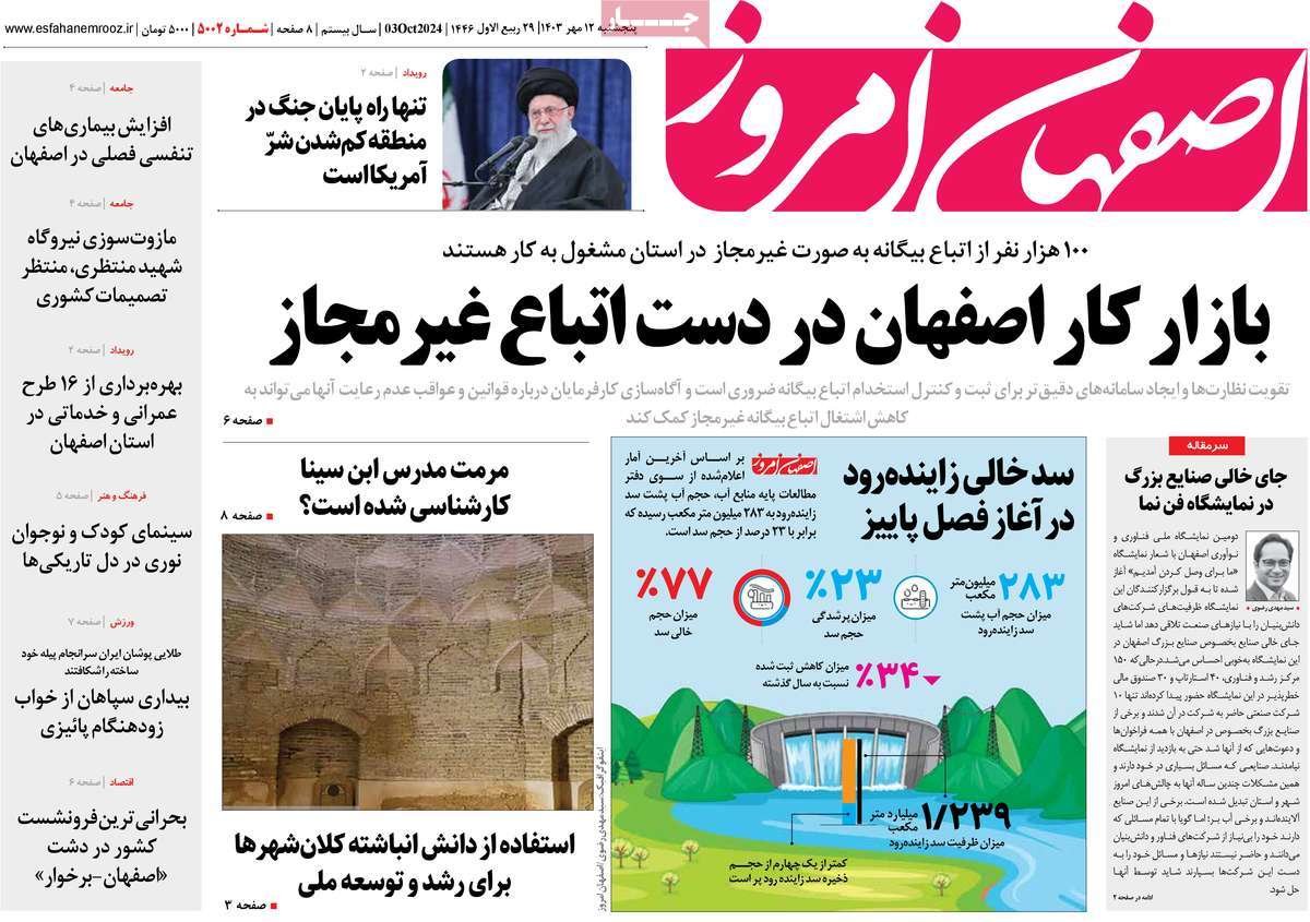 صفحه نخست روزنامه‌های امروز اصفهان پنجشنبه 12 مهر 1403